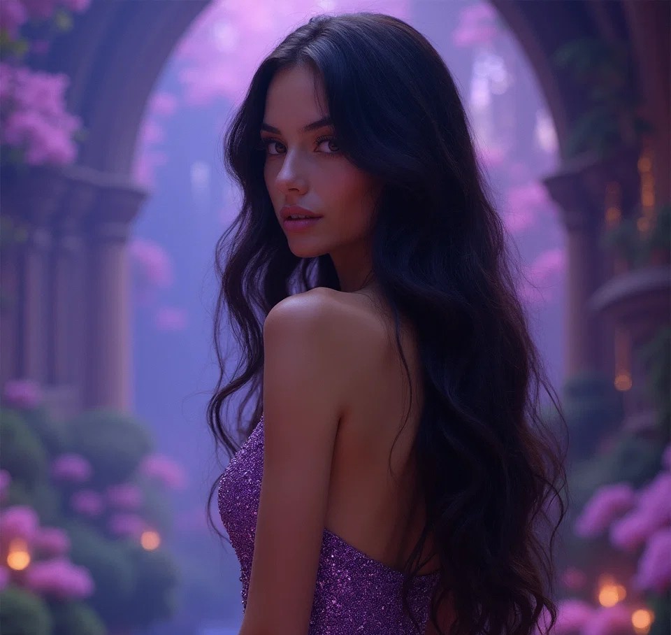 E. Hereygers (Eline) portrait artwork — dark-haired woman in a purple gown in a blossom-filled archway