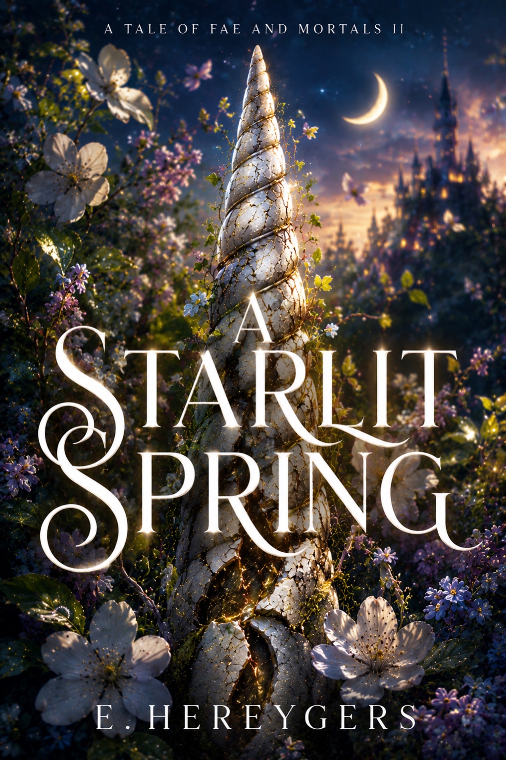 A Starlit Spring, A Tale of Fae and Mortals Book II by E. Hereygers — night-blue cover with a moonlit spire, pale blossoms and a lit castle under a crescent moon