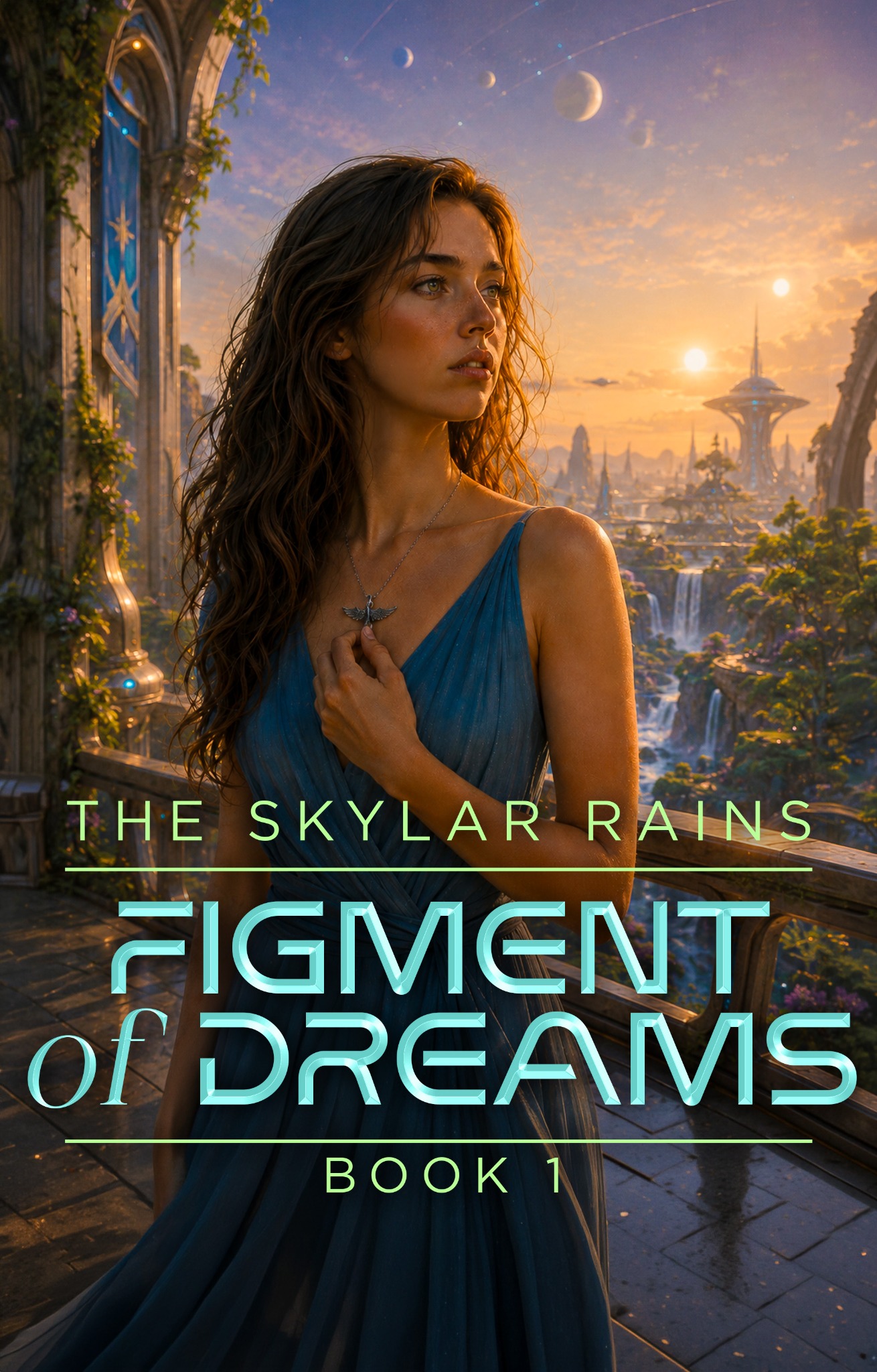 Figment of Dreams Book 1, The Skylar Rains by E. Hereygers — cover art of a woman on a balcony above a glowing fae city