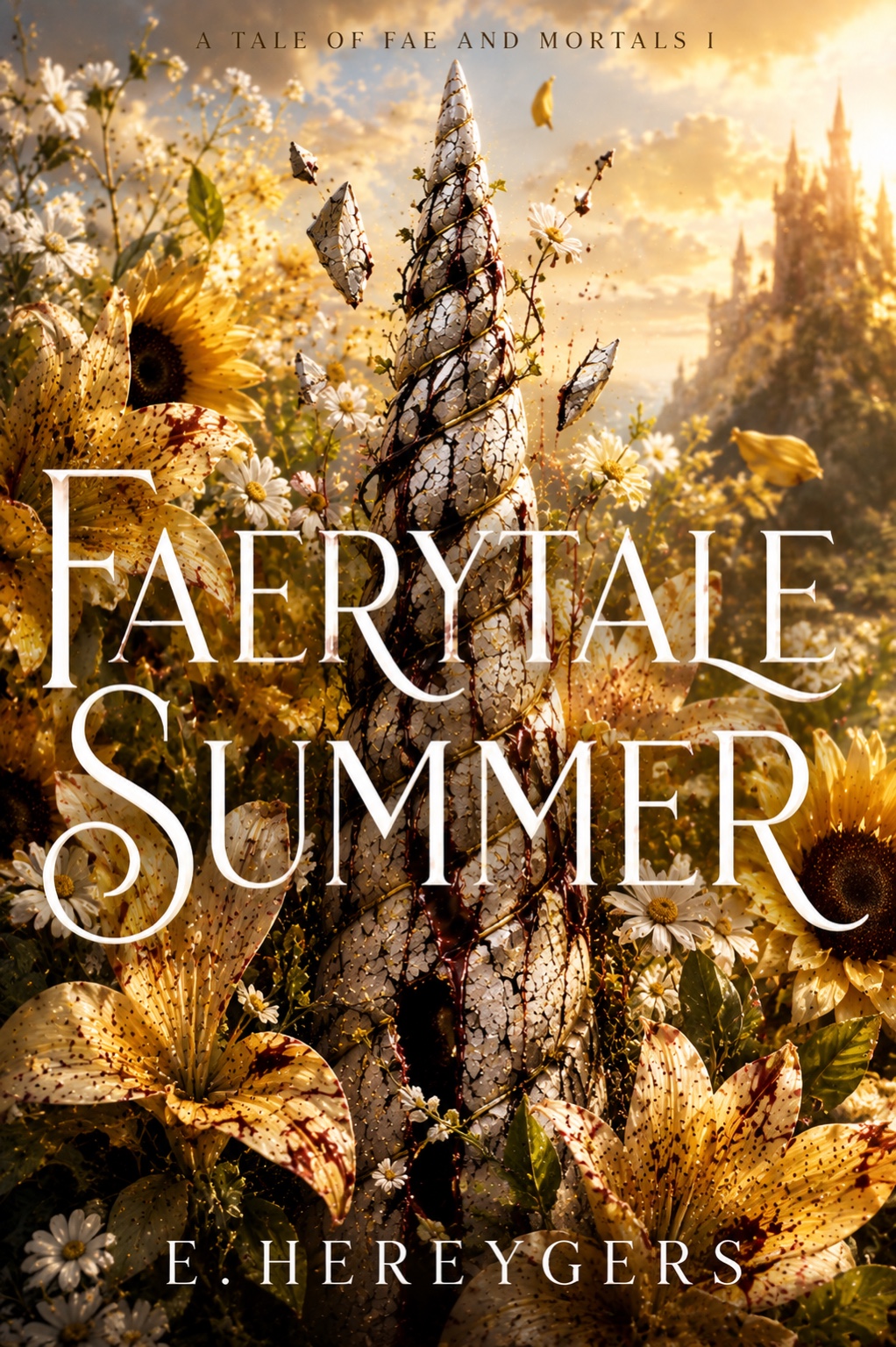 A Faerytale Summer, A Tale of Fae and Mortals Book I by E. Hereygers — golden sunlit cover with a vine-wrapped spire among lilies and daisies